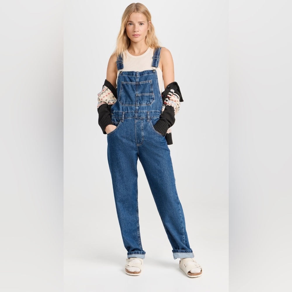 Free People We the Free Ziggy Denim Straight Overalls NWOT Large Sapphire Blue